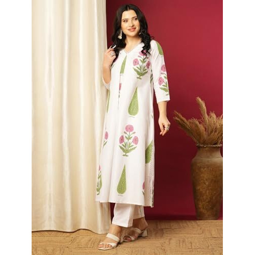 ANNI DESIGNER Women's Rayon Viscose A-Line Printed Kurta with Pant (PNIL WHITE-VKS01_XXL_White_XX-Large)