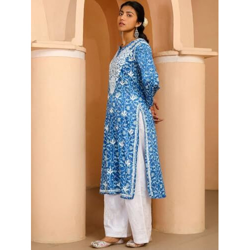 ANNI DESIGNER Women's Rayon Blend Straight Chikankari Embroidered Kurta (Nakusha Blue-NW_M_Blue_Medium)