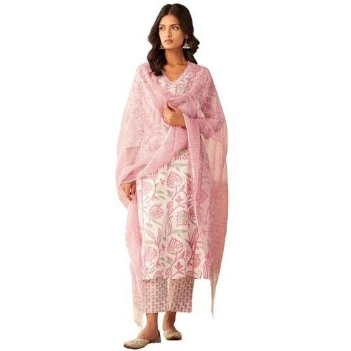 ANNI DESIGNER Women's Cotton Blend Straight Printed Kurta with Pant & Dupatta (Gojari Peach-NW_M_Peach_Medium)