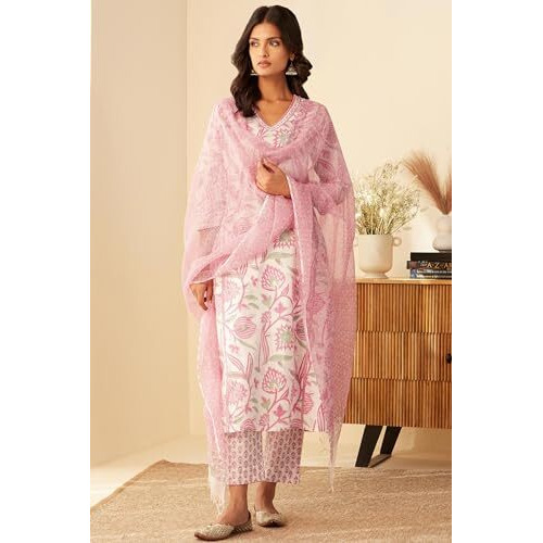 ANNI DESIGNER Women's Cotton Blend Straight Printed Kurta with Pant & Dupatta (Gojari Peach-NW_M_Peach_Medium)