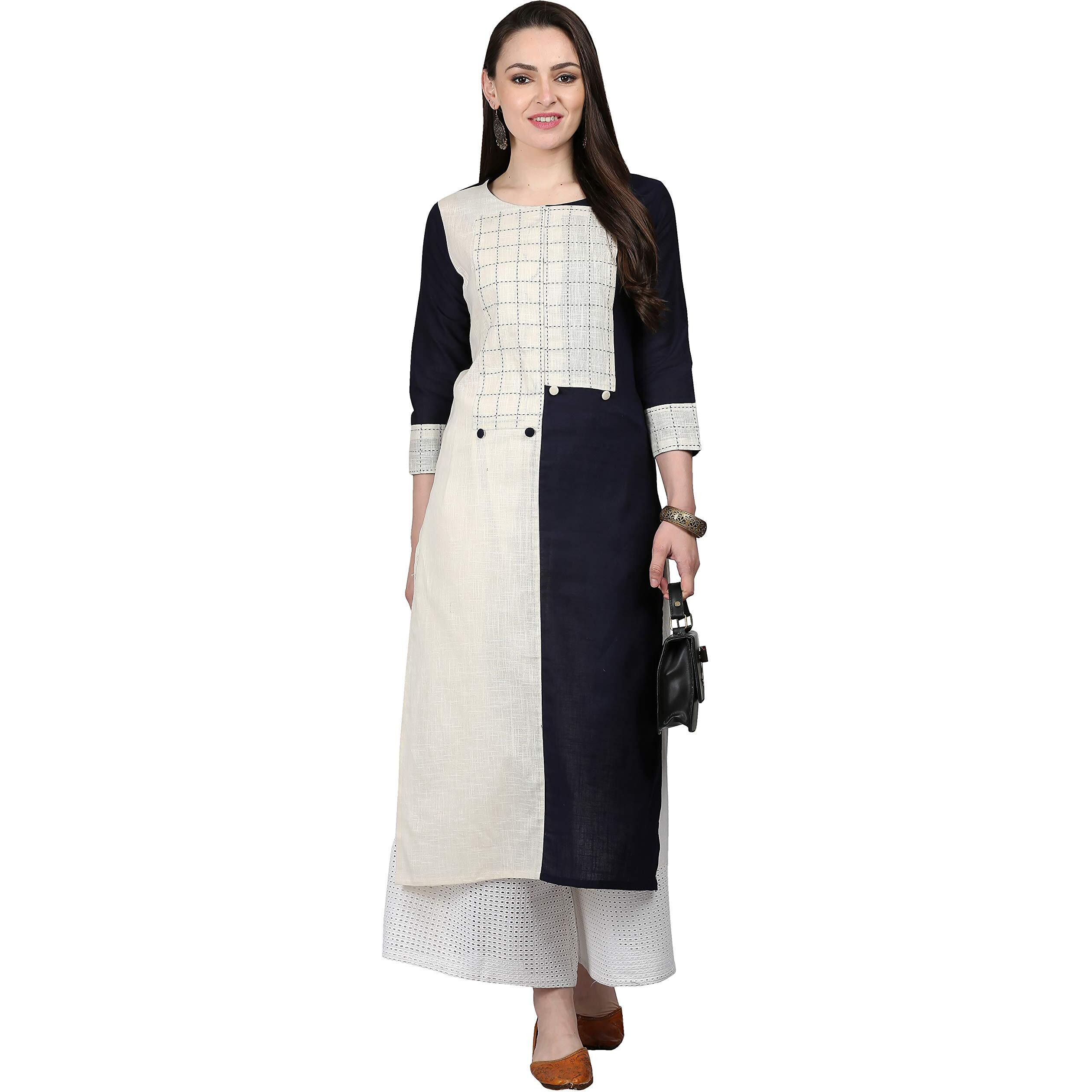 ANNI DESIGNER Women's Black & White Color Rayon Fancy Long Thread & Button Work Kurti(KUR190074-XXL_Black & White)