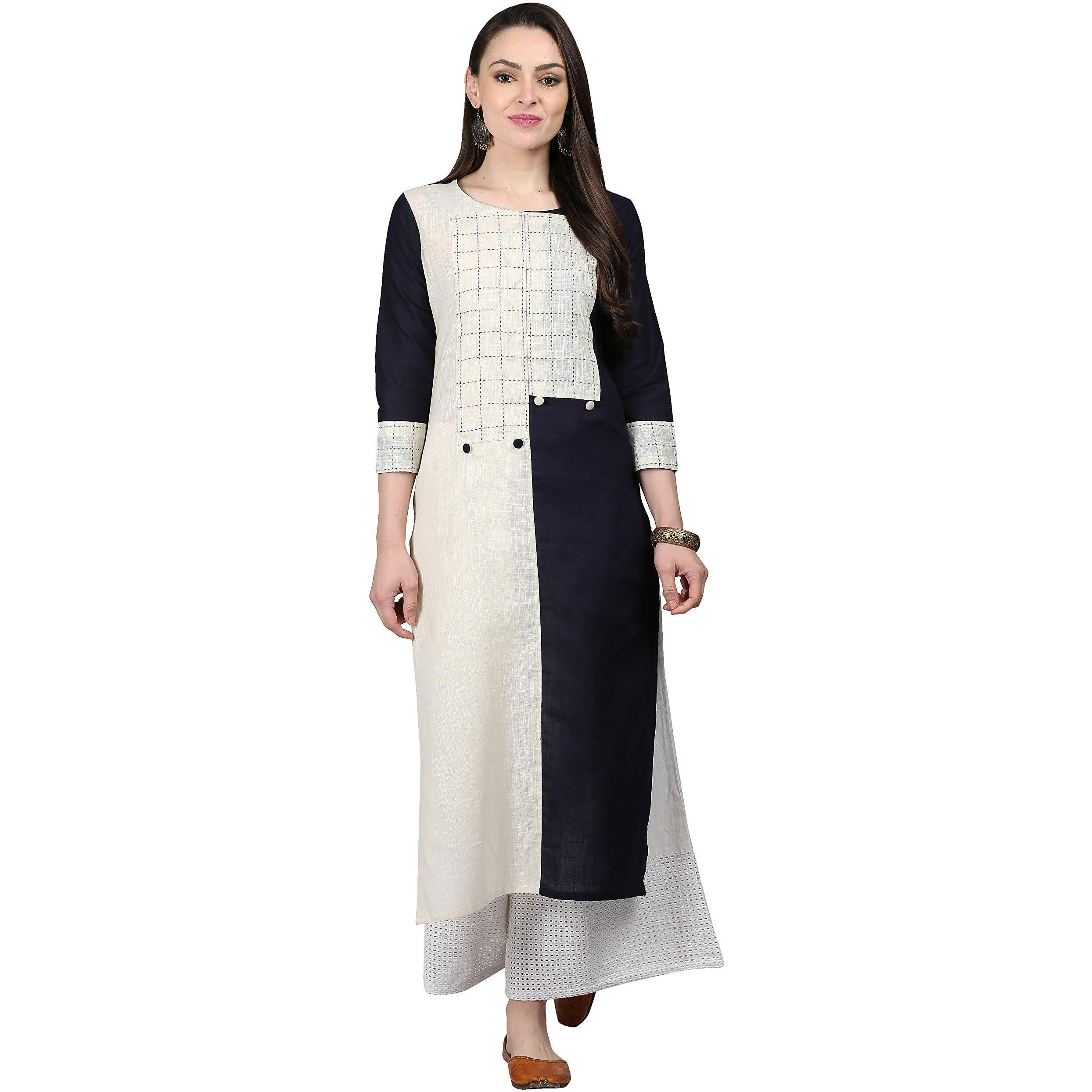 ANNI DESIGNER Women's Black & White Color Rayon Fancy Long Thread & Button Work Kurti(KUR190074-XXL_Black & White)