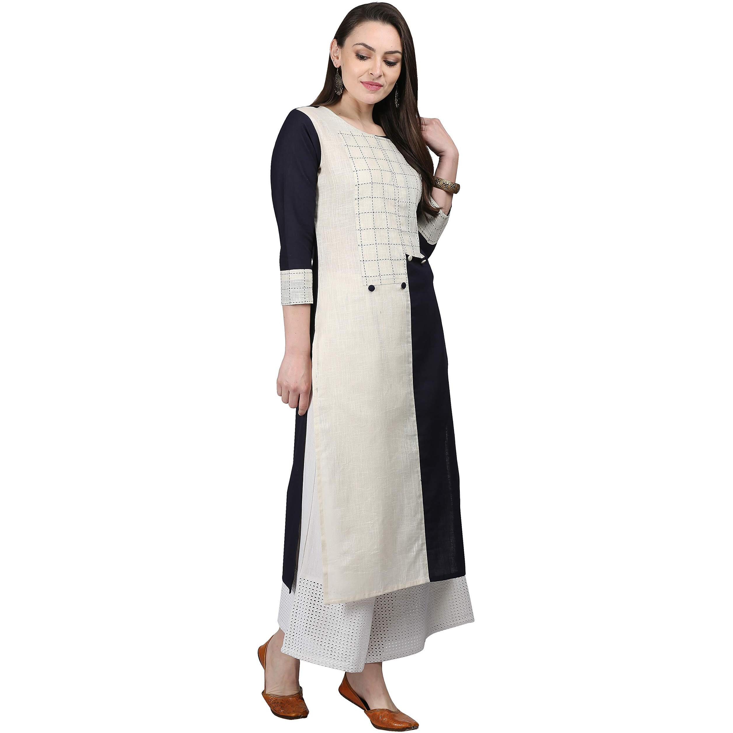 ANNI DESIGNER Women's Black & White Color Rayon Fancy Long Thread & Button Work Kurti(KUR190074-XXL_Black & White)