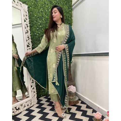 ANNI DESIGNER Women's Rayon Viscose Printed Straight Kurta with Pant & Dupatta (UDH PISTA-VKS01_L_Pista_Large)