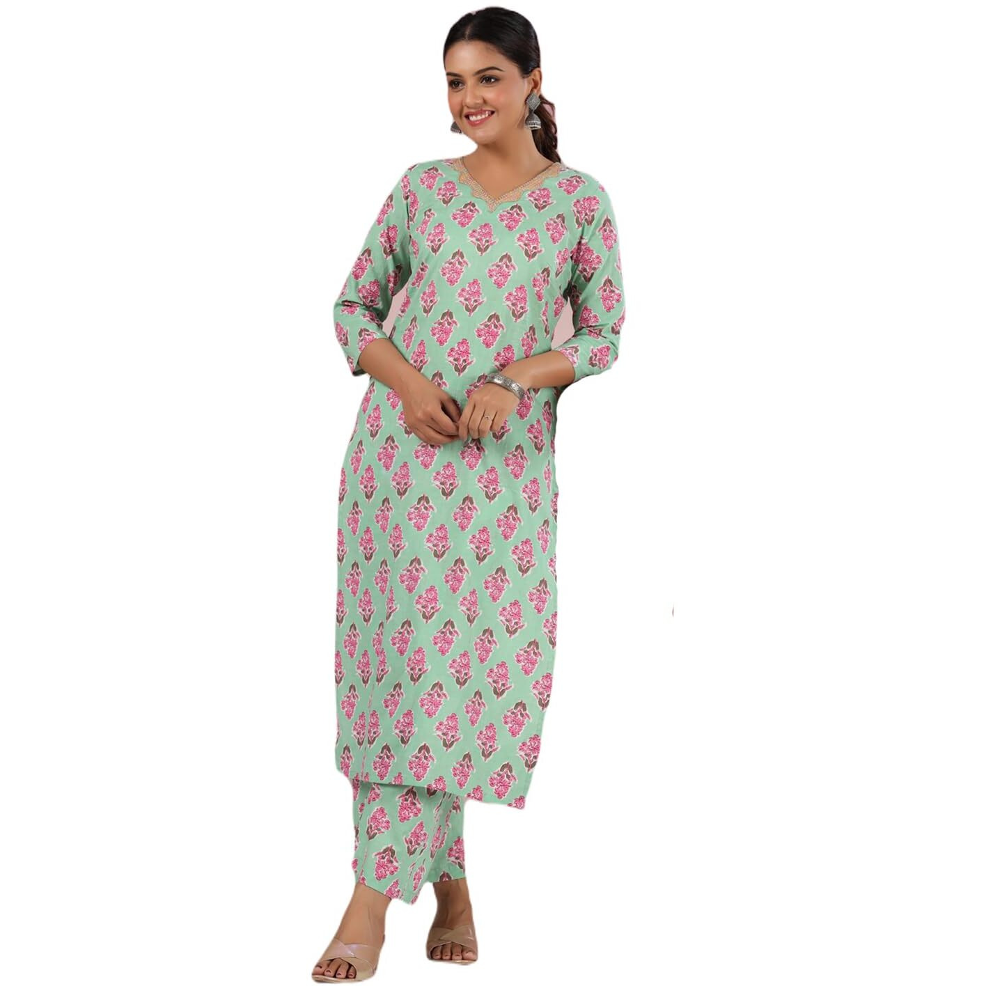 ANNI DESIGNER Women's Rayon Blend Straight Printed Kurta with Palazzo (Mortal Green_S_Green_Small)