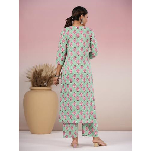 ANNI DESIGNER Women's Rayon Blend Straight Printed Kurta with Palazzo (Mortal Green_S_Green_Small)