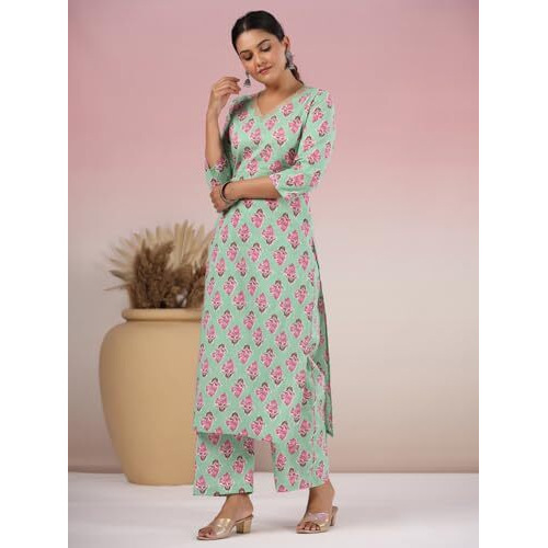 ANNI DESIGNER Women's Rayon Blend Straight Printed Kurta with Palazzo (Mortal Green_S_Green_Small)