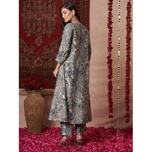 ANNI DESIGNER Women's Rayon Blend Straight Printed Kurta with Pant (Marco Grey_XXL_Grey_XX-Large)