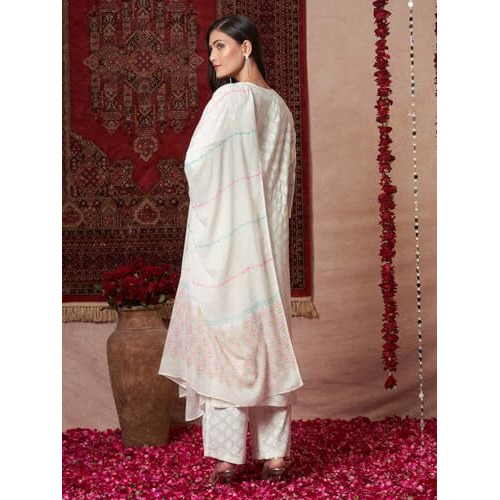 ANNI DESIGNER Women's Rayon Viscose Printed Straight Kurta with Pant & Dupatta (Mirai WHITE-VKS03_5XL_White_XXXXX-Large)