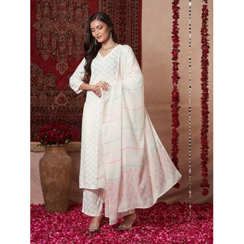 ANNI DESIGNER Women's Rayon Viscose Printed Straight Kurta with Pant & Dupatta (Mirai WHITE-VKS03_5XL_White_XXXXX-Large)