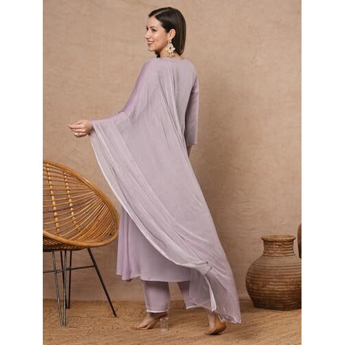 ANNI DESIGNER Women's Rayon Blend A-Line Embroidered Kurta with Pant & Dupatta (SHARMI LAVENDER-VKS01_S_Lavender_Small)