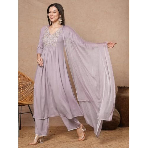 ANNI DESIGNER Women's Rayon Blend A-Line Embroidered Kurta with Pant & Dupatta (SHARMI LAVENDER-VKS01_S_Lavender_Small)