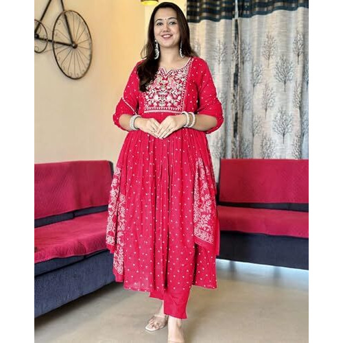 ANNI DESIGNER Women's Rayon Viscose Embroidered Anarkali Kurta with Pant & Dupatta (Kanota Pink-VKS05_M_Pink_Medium)