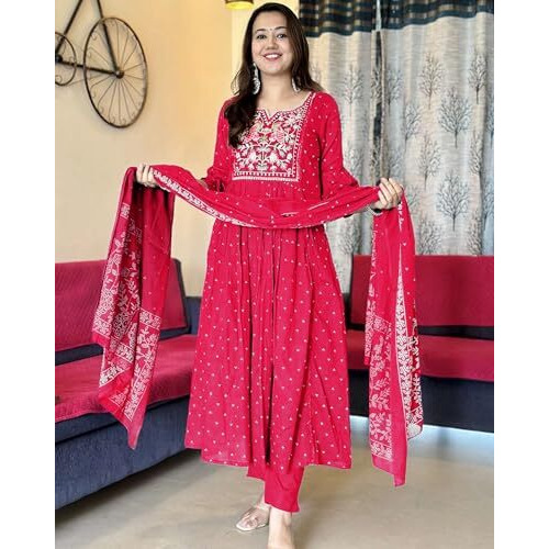 ANNI DESIGNER Women's Rayon Viscose Embroidered Anarkali Kurta with Pant & Dupatta (Kanota Pink-VKS05_M_Pink_Medium)