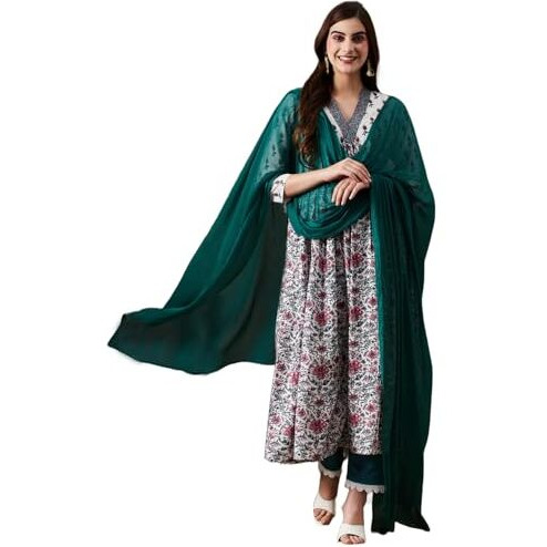 ANNI DESIGNER Women's Cotton Blend Anarkali Printed Kurta with Pant & Dupatta (TOKI White_XL_White_X-Large)