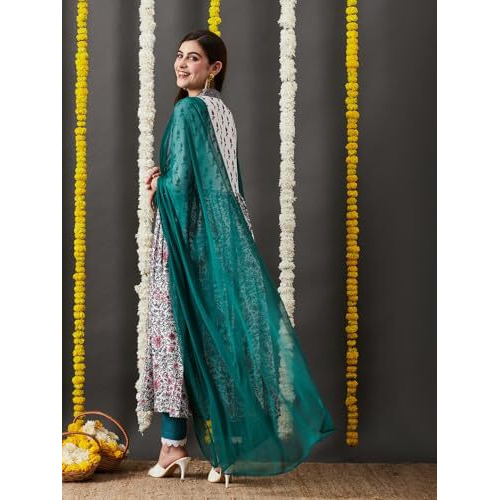 ANNI DESIGNER Women's Cotton Blend Anarkali Printed Kurta with Pant & Dupatta (TOKI White_XL_White_X-Large)