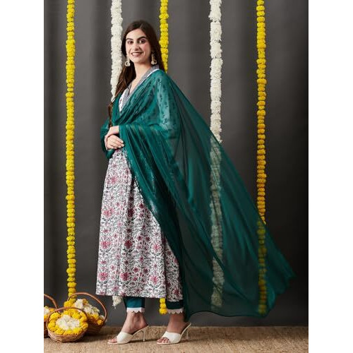ANNI DESIGNER Women's Cotton Blend Anarkali Printed Kurta with Pant & Dupatta (TOKI White_XL_White_X-Large)