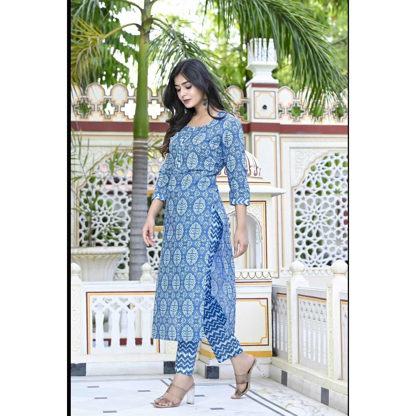 ANNI DESIGNER Women's Cotton Blend Printed Straight Kurta with Pant (Pana Blue-CMD_L_Blue_Large)