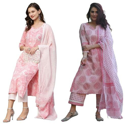 ANNI DESIGNER Women's Cotton Blend Printed Straight Kurta with Pant & Dupatta Pack of 2 (Combo-Prem CHHAPA-Pink_Multicolor_Small)