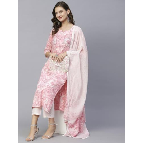ANNI DESIGNER Women's Cotton Blend Printed Straight Kurta with Pant & Dupatta Pack of 2 (Combo-Prem CHHAPA-Pink_Multicolor_Small)