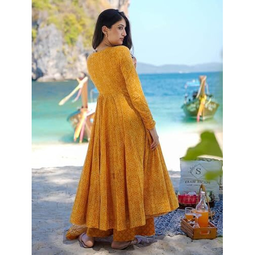 ANNI DESIGNER Women's Rayon Viscose Anarkali Printed Kurta with Palazzo & Dupatta (Sinners Yellow_XL_Yellow_X-Large)