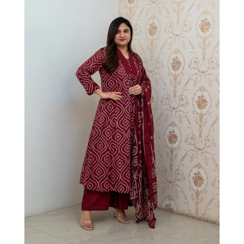 ANNI DESIGNER Women's Rayon Viscose Anarkali Printed Kurta with Pant & Dupatta (VANGALA Maroon_XL_Maroon_X-Large)