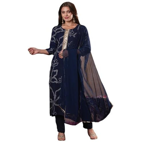 ANNI DESIGNER Women's Cotton Blend Straight Printed Kurta with Pant & Dupatta (MANINI Blue_XL_Blue_X-Large)