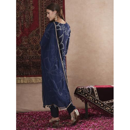 ANNI DESIGNER Women's Cotton Blend Straight Printed Kurta with Pant & Dupatta (MANINI Blue_XL_Blue_X-Large)