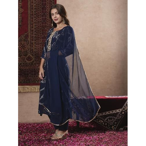 ANNI DESIGNER Women's Cotton Blend Straight Printed Kurta with Pant & Dupatta (MANINI Blue_XL_Blue_X-Large)