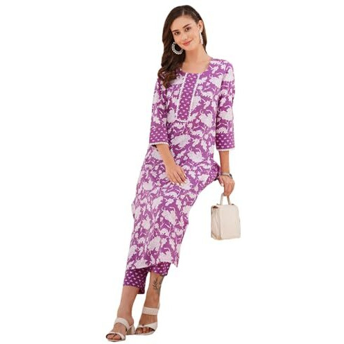 ANNI DESIGNER Women's Rayon Blend Printed Straight Kurta with Pant (Pustak Begani-VKS01_XL_Begani_X-Large)