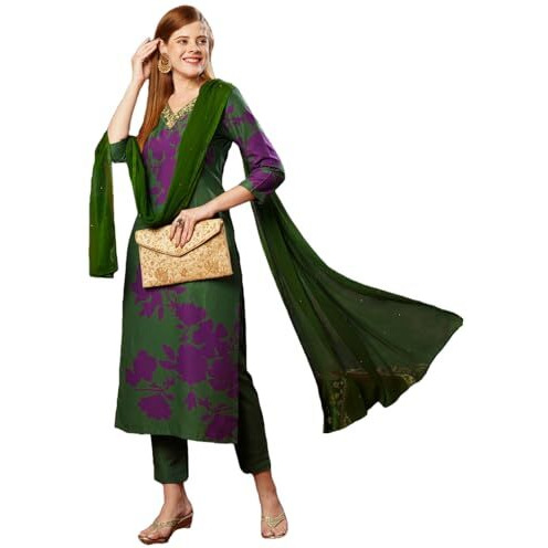 ANNI DESIGNER Women's Cotton Blend Straight Printed Kurta with Pant & Dupatta (PROTIN-Green-JL_S_Green_Small)