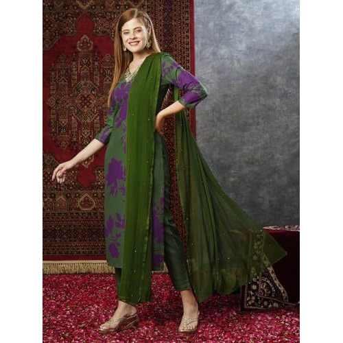 ANNI DESIGNER Women's Cotton Blend Straight Printed Kurta with Pant & Dupatta (PROTIN-Green-JL_S_Green_Small)