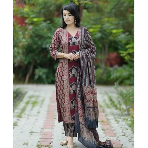 ANNI DESIGNER Women's Rayon Viscose Printed Straight Kurta with Pant & Dupatta (SARANGPUR Maroon_XXL_Maroon_XX-Large)