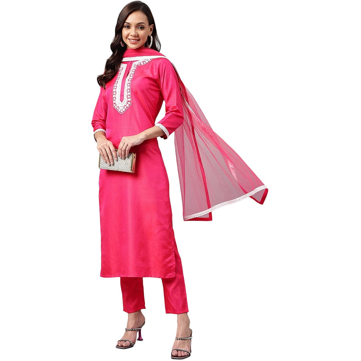 ANNI DESIGNER Women's Cotton Blend Straight Embroidered Kurta with Pant & Dupatta (Jagtara Pink_XL_Pink_X-Large)