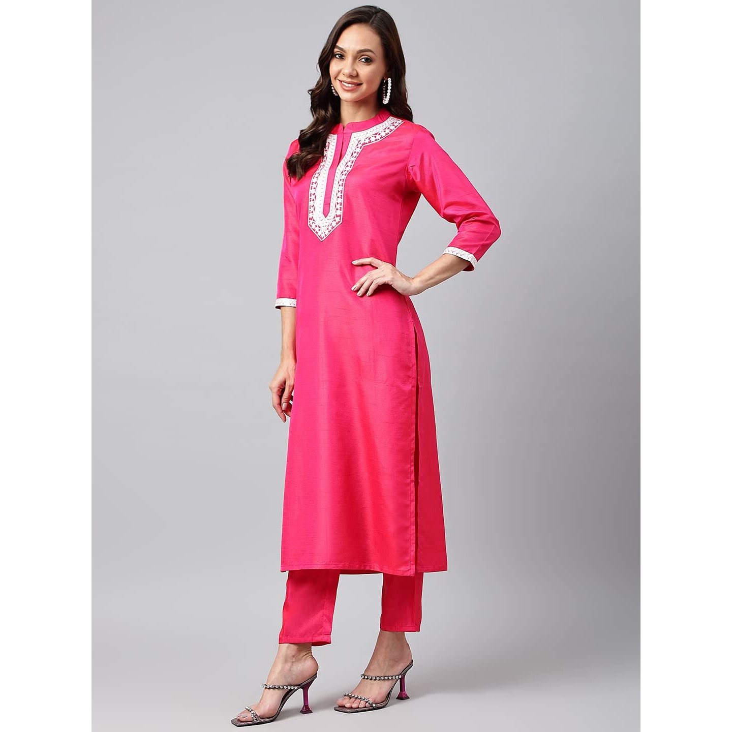 ANNI DESIGNER Women's Cotton Blend Straight Embroidered Kurta with Pant & Dupatta (Jagtara Pink_XL_Pink_X-Large)