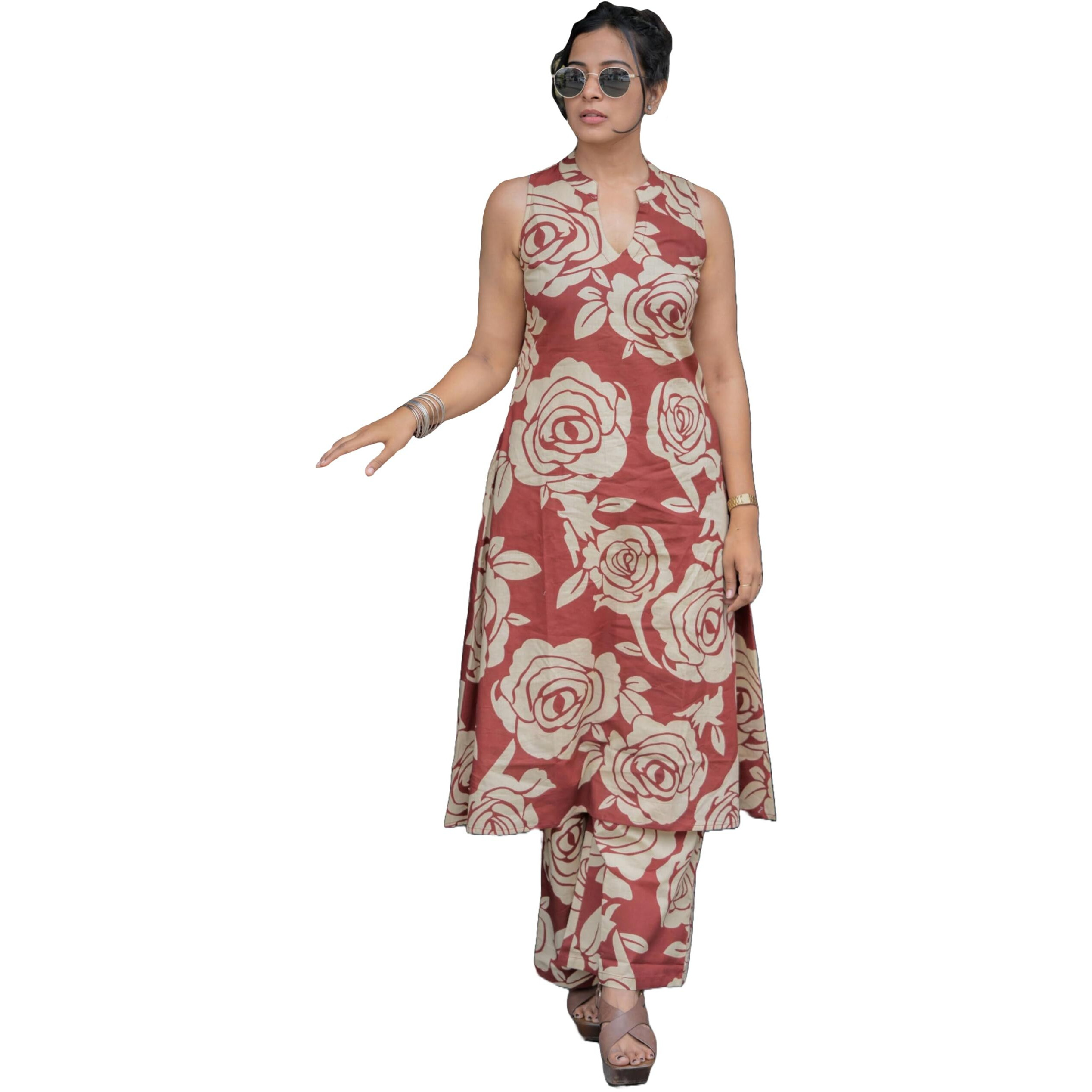 ANNI DESIGNER Women's Rayon Viscose A-Line Printed Kurta with Palazzo (AADAT RED_M_Red_Medium)