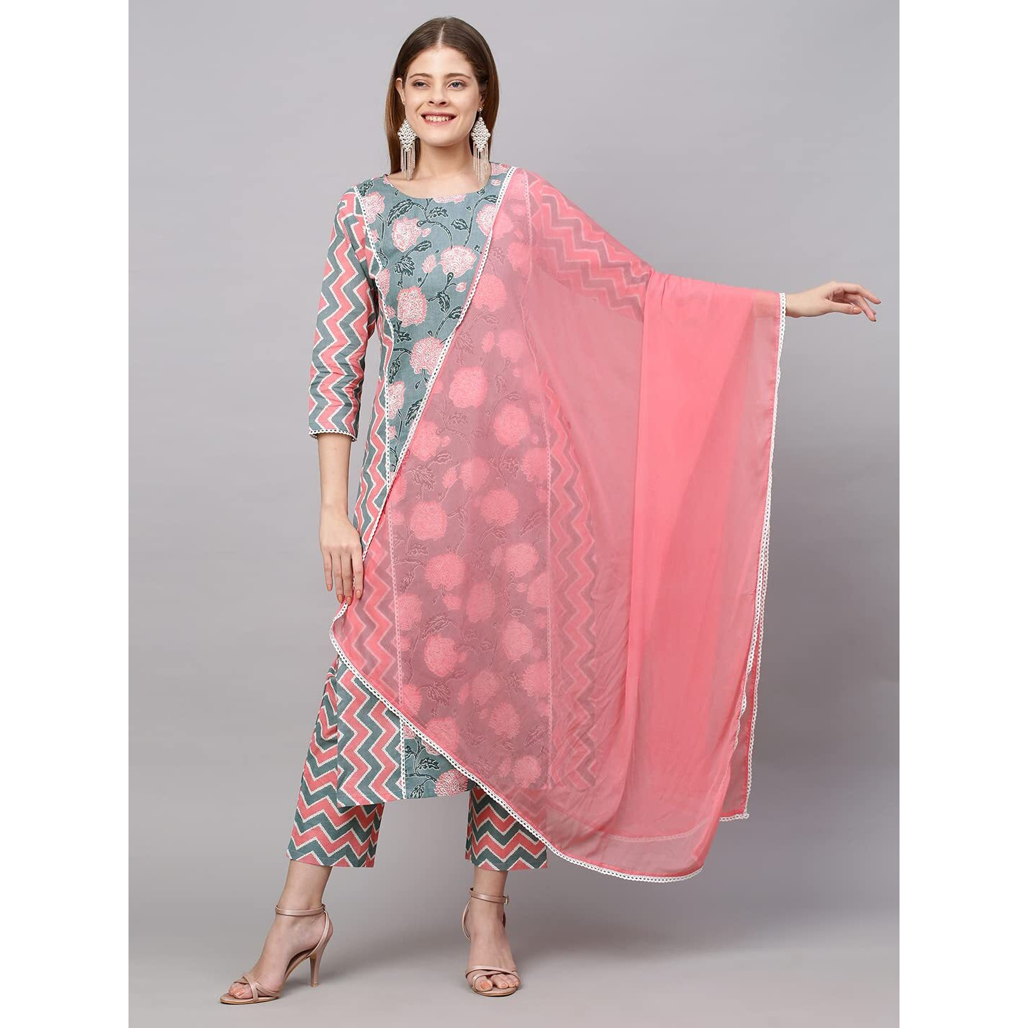 ANNI DESIGNER Women's Cotton Blend Printed Straight Kurta with Pant & Dupatta (Rinki) (Medium) Grey