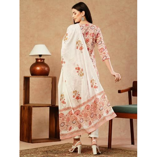ANNI DESIGNER Women's Cotton Blend Straight Printed Kurta with Pant & Dupatta (Dhama Peach_L_Peach_Large)
