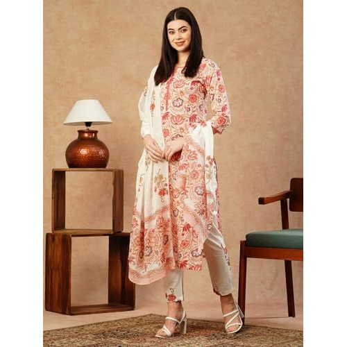 ANNI DESIGNER Women's Cotton Blend Straight Printed Kurta with Pant & Dupatta (Dhama Peach_L_Peach_Large)