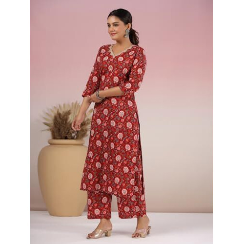 ANNI DESIGNER Women's Rayon Blend Straight Printed Kurta with Palazzo (Peton Red_XL_Red_X-Large)