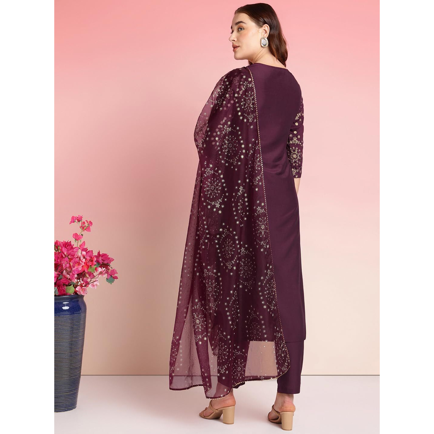 ANNI DESIGNER Women's Rayon Blend Printed Straight Kurta with Pant & Dupatta (Amrita Wine_S_Wine_Small)