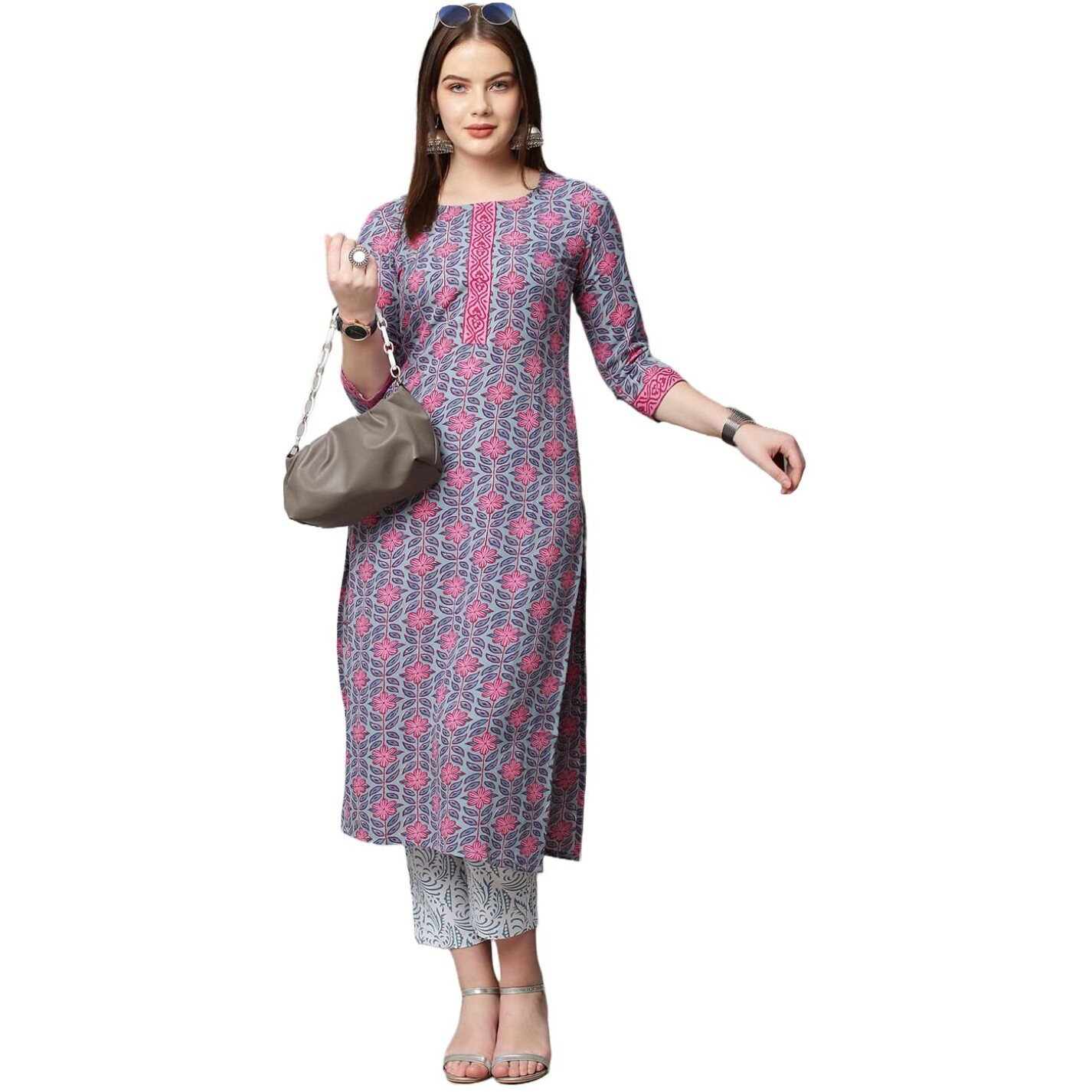 ANNI DESIGNER Women's Cotton Blend Printed Straight Kurta with Pant (Sarva-Light Blue_XXL_Dark Blue_XX-Large)