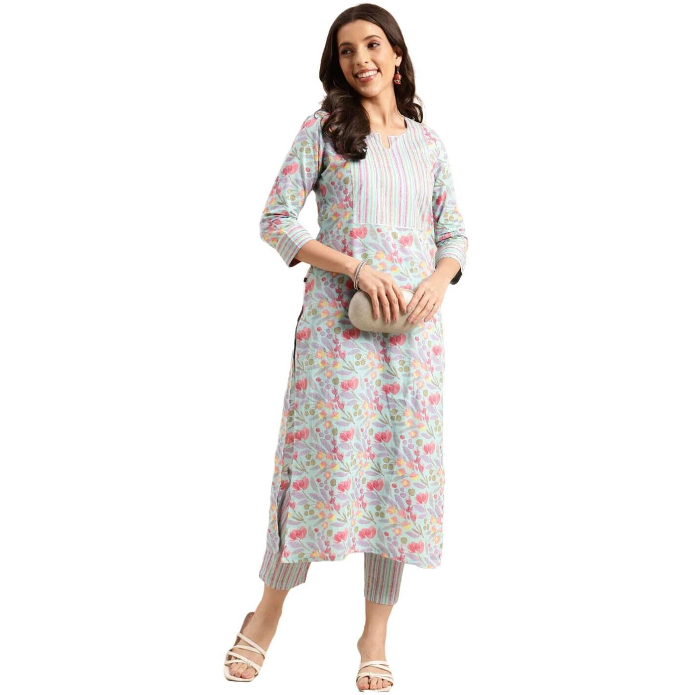ANNI DESIGNER Women's Cotton Blend Printed Straight Kurta with Pant (Nand Blue-NWG_L_Blue_Large)