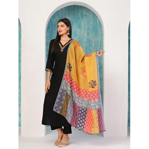 ANNI DESIGNER Women's Cotton Blend Embroidered Straight Kurta with Pant & Dupatta (Fronx Black-NW_3XL_Black_XXX-Large)