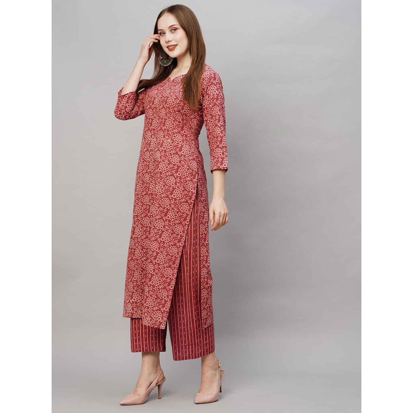 ANNI DESIGNER Women's Cotton Blend Printed Straight Kurta with Pant (Pina Peach_S_Peach_Small)