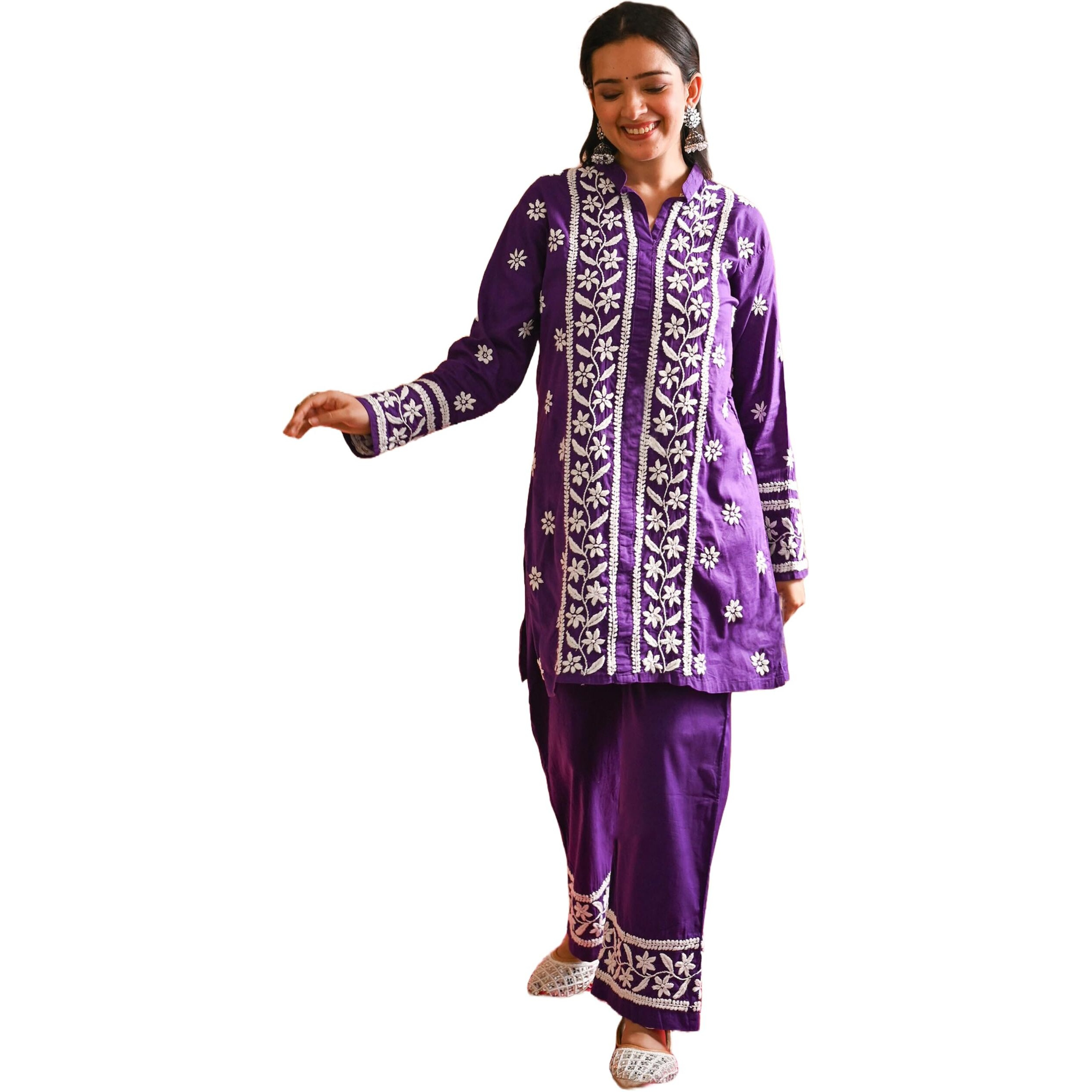 ANNI DESIGNER Women's Cotton Blend Straight Chikankari Embroidered Kurta with Palazzo Set (LKO Purple_XL_Purple_X-Large)
