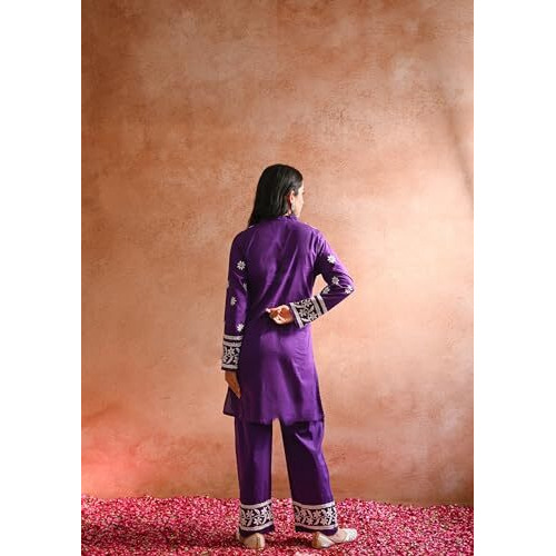 ANNI DESIGNER Women's Cotton Blend Straight Chikankari Embroidered Kurta with Palazzo Set (LKO Purple_XL_Purple_X-Large)