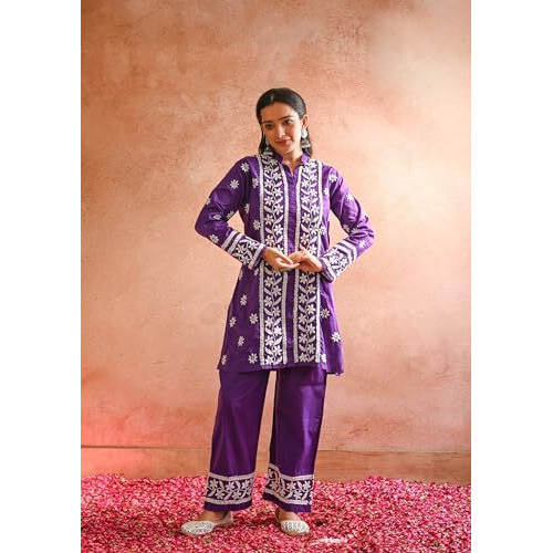 ANNI DESIGNER Women's Cotton Blend Straight Chikankari Embroidered Kurta with Palazzo Set (LKO Purple_XL_Purple_X-Large)
