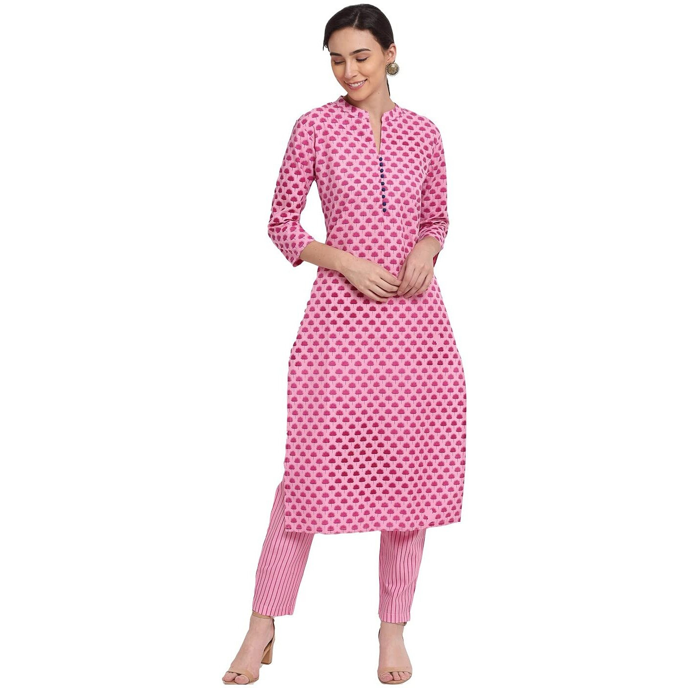 ANNI DESIGNER Women's Cotton Printed Straight Kurta with Palazzo (REVATHI Pink_XXL_Pink_XX-Large)