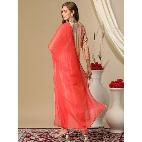ANNI DESIGNER Women's Rayon Blend Straight Printed Kurta with Pant & Dupatta (Tiedye Red-NW_L_Red_Large)